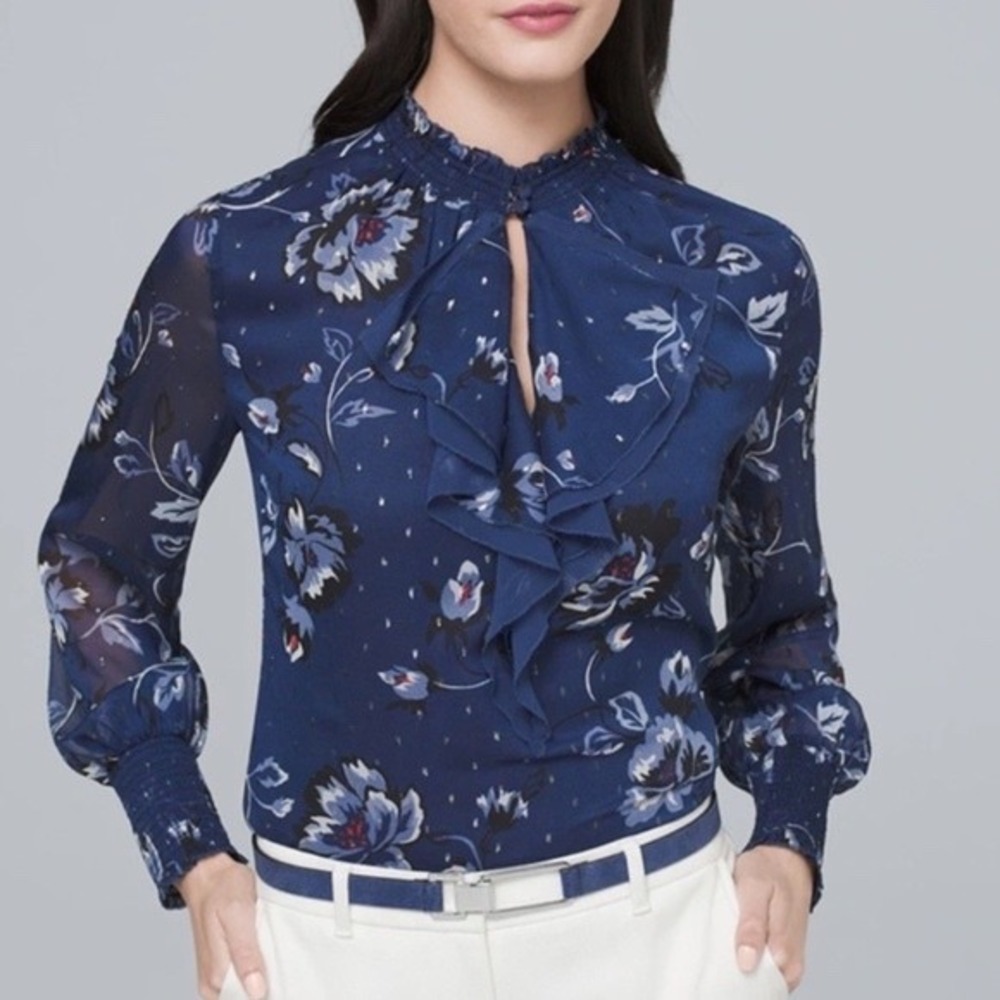 White House Black Market Floral Ruffle Smock Neck Blouse Blue Size 8 Women